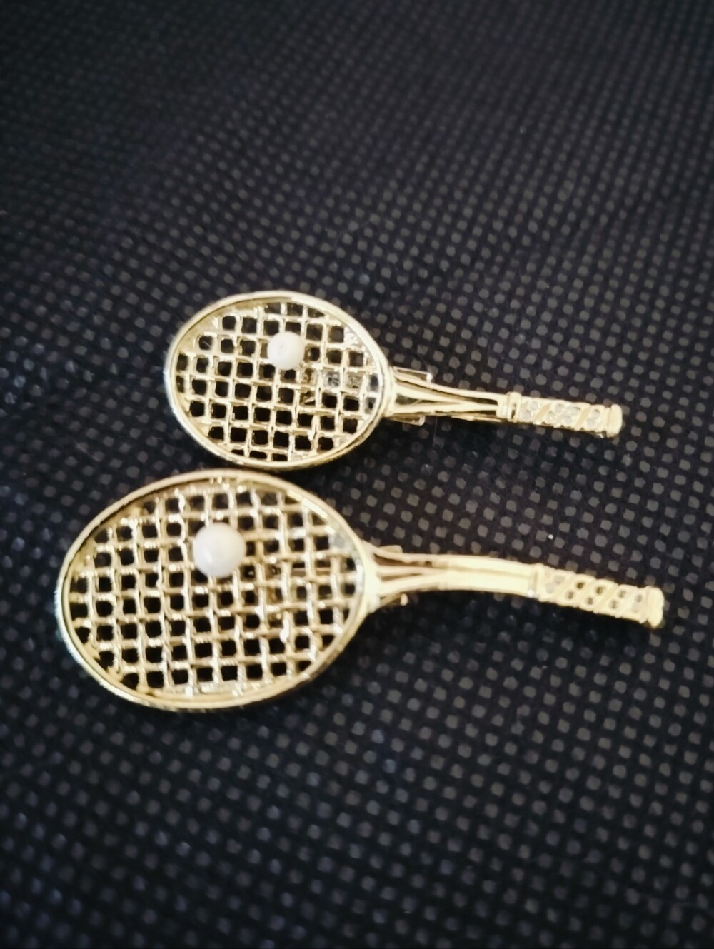 Vintage Gerry's Gold-Tone Tennis Racket Brooches Pair with Faux Pearl Accents